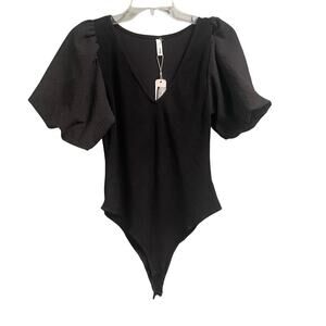 Glam Boutique Black Bodysuit Size Large Puff Sleeve NEW V-Neck Elegant Party